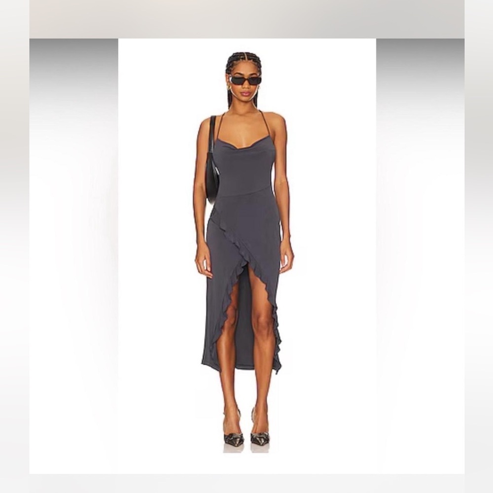 REVOLVE  Flora Ruffle Midi Dress in Slate grey Ruffle Dress